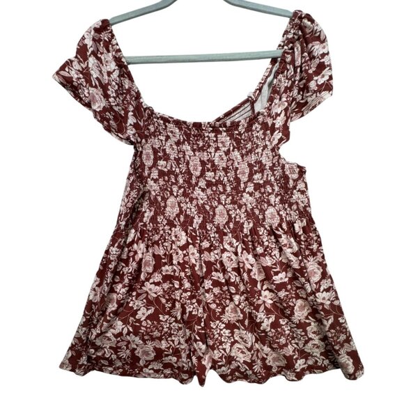 Mason & Belle Womens Smocked Babydoll Top XL Short Flutter Sleeves Burgundy & Cr - Picture 8 of 10